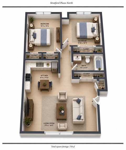 Floor plan for 2 beds, 1 bath, 830 sqft